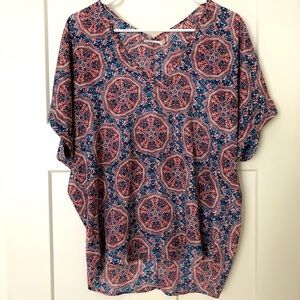 LUSH V-neck Top, Size Small, Blue, Coral, Pink